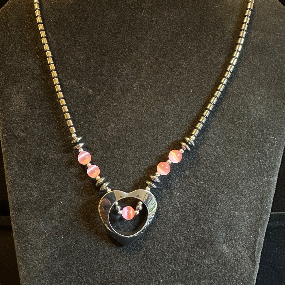 Dark Gray Heart Pendant Necklace with Pink Accents